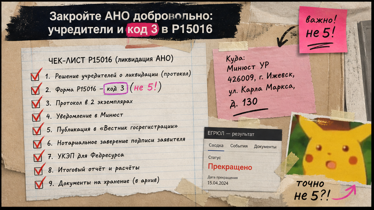 Чеклист добровольного закрытия АНО: код 3 в Р15016 и пакет в Минюст